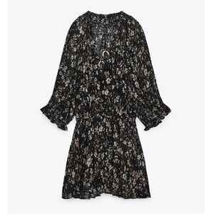 NWT Zara Black Floral Printed 3/4 Sleeve V-Neck Tassel Mini Dress